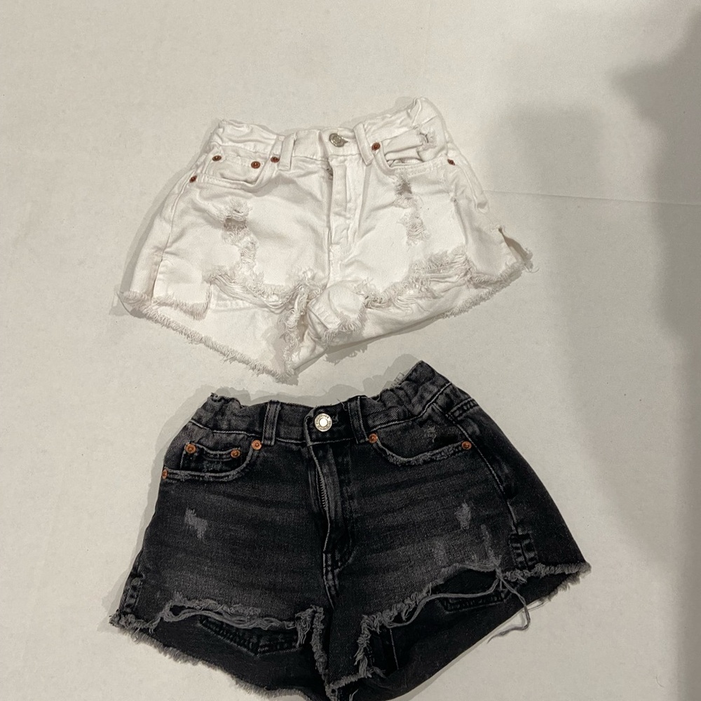 2 Pair Zara Girls Shorts Size 7 White Black Adjustable Waist Ripped Distressed